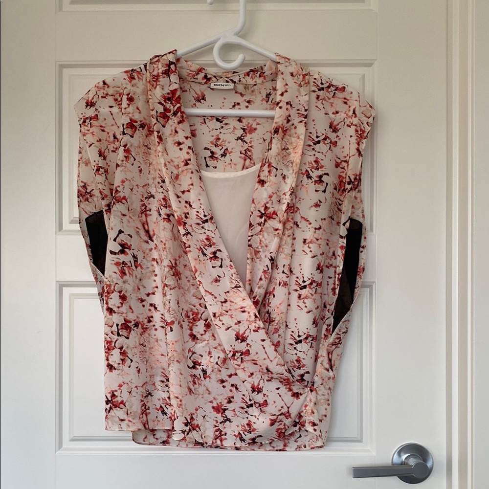 DKNYC Red and Pink Sleeveless Wrap Blouse